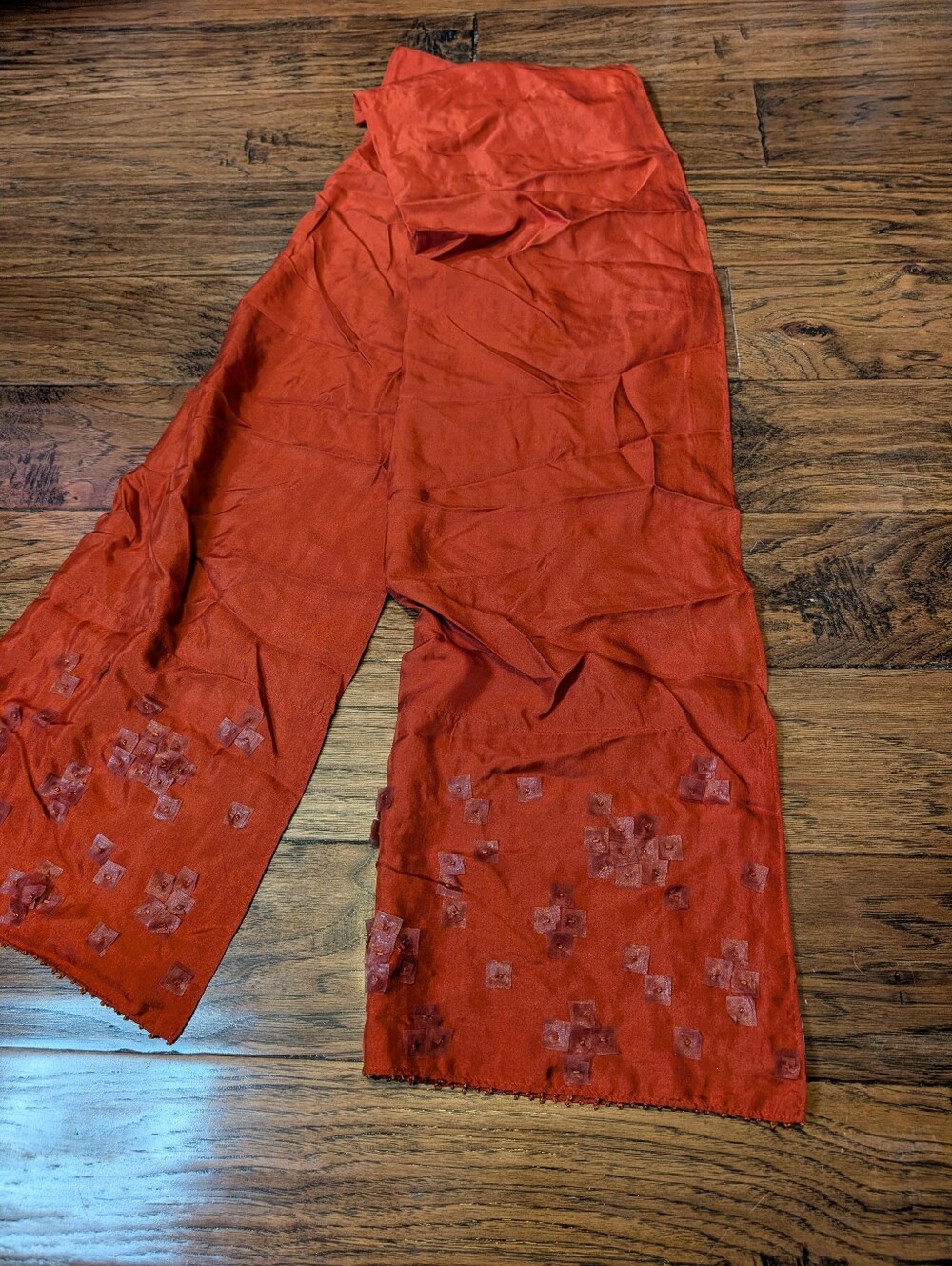 Eileen Fisher 100% Silk Scarf Burnt Orange with Embellishments